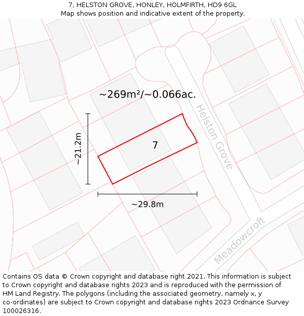 7, HELSTON GROVE, HONLEY, HOLMFIRTH, HD9 6GL: Plot and title map