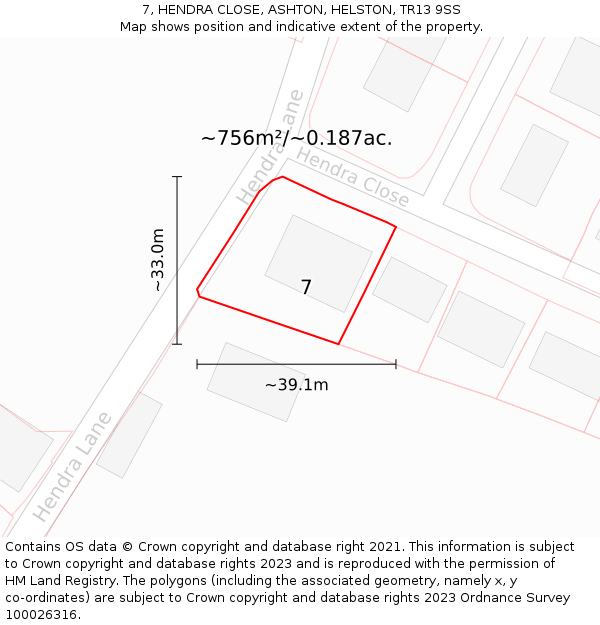 7, HENDRA CLOSE, ASHTON, HELSTON, TR13 9SS: Plot and title map