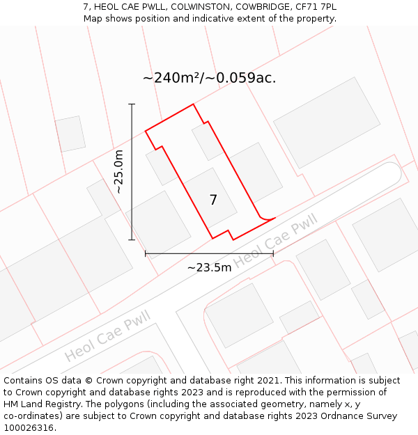 7, HEOL CAE PWLL, COLWINSTON, COWBRIDGE, CF71 7PL: Plot and title map