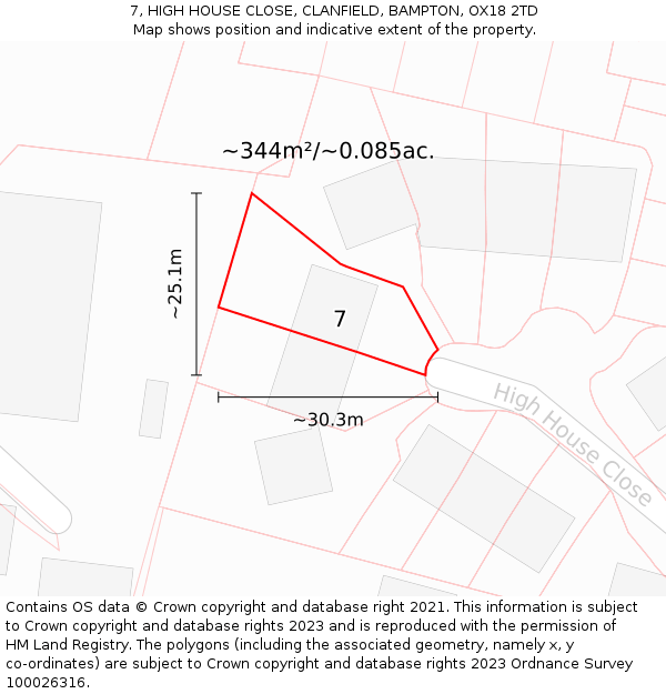 7, HIGH HOUSE CLOSE, CLANFIELD, BAMPTON, OX18 2TD: Plot and title map