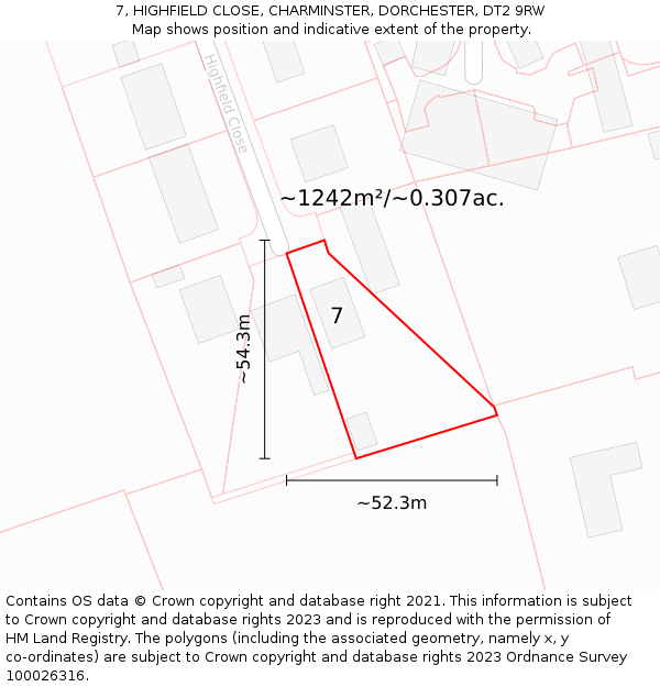 7, HIGHFIELD CLOSE, CHARMINSTER, DORCHESTER, DT2 9RW: Plot and title map