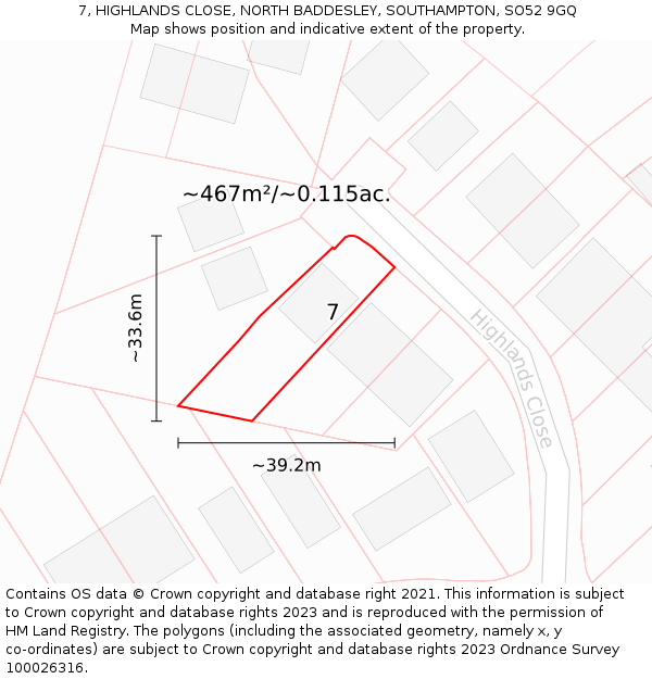 7, HIGHLANDS CLOSE, NORTH BADDESLEY, SOUTHAMPTON, SO52 9GQ: Plot and title map