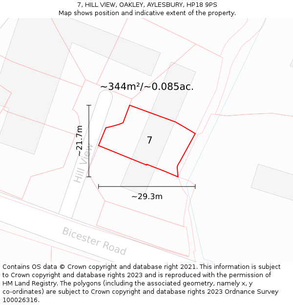 7, HILL VIEW, OAKLEY, AYLESBURY, HP18 9PS: Plot and title map