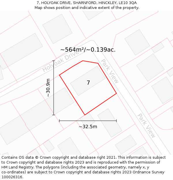 7, HOLYOAK DRIVE, SHARNFORD, HINCKLEY, LE10 3QA: Plot and title map