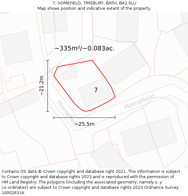 7, HOMEFIELD, TIMSBURY, BATH, BA2 0LU: Plot and title map