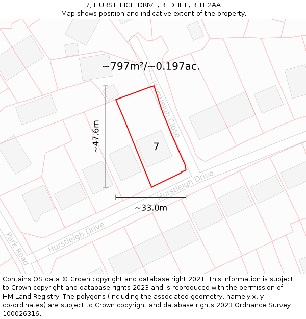 7, HURSTLEIGH DRIVE, REDHILL, RH1 2AA: Plot and title map