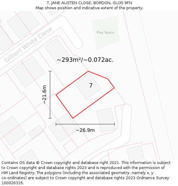 7, JANE AUSTEN CLOSE, BORDON, GU35 9FN: Plot and title map