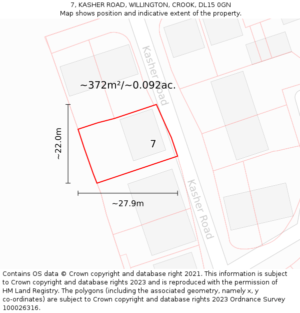 7, KASHER ROAD, WILLINGTON, CROOK, DL15 0GN: Plot and title map