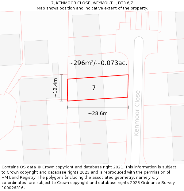 7, KENMOOR CLOSE, WEYMOUTH, DT3 6JZ: Plot and title map