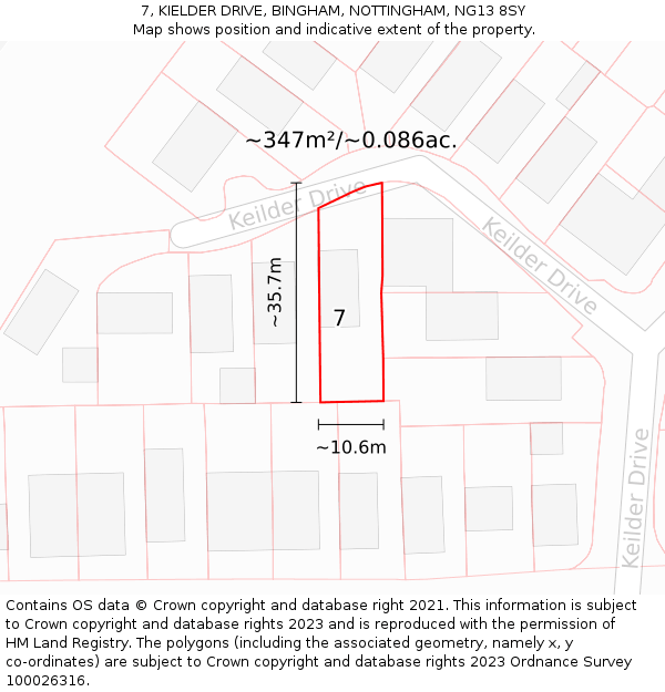 7, KIELDER DRIVE, BINGHAM, NOTTINGHAM, NG13 8SY: Plot and title map