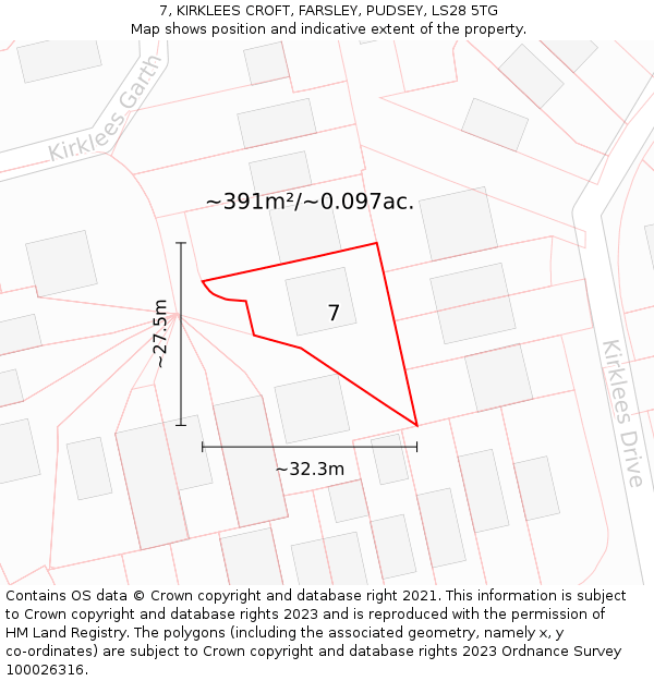 7, KIRKLEES CROFT, FARSLEY, PUDSEY, LS28 5TG: Plot and title map