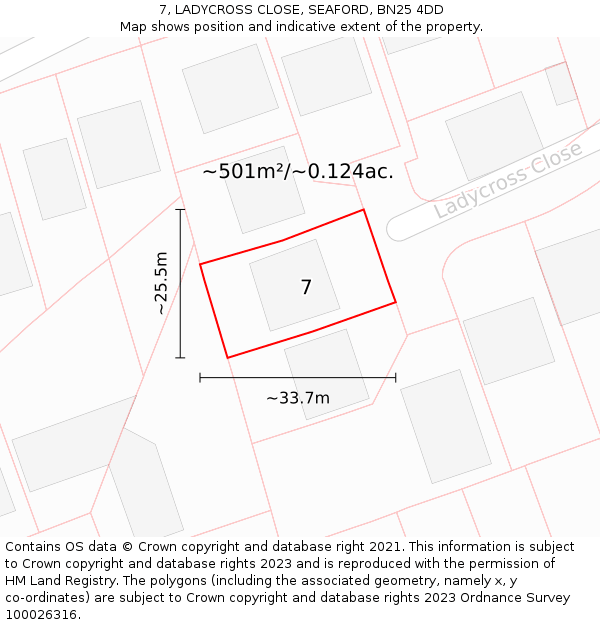 7, LADYCROSS CLOSE, SEAFORD, BN25 4DD: Plot and title map