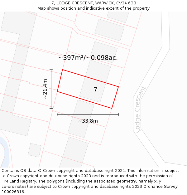 7, LODGE CRESCENT, WARWICK, CV34 6BB: Plot and title map