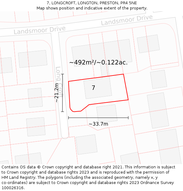 7, LONGCROFT, LONGTON, PRESTON, PR4 5NE: Plot and title map