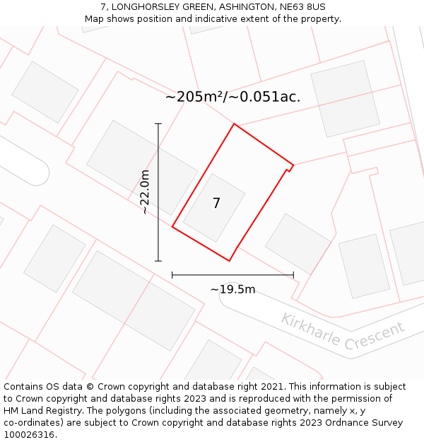 7, LONGHORSLEY GREEN, ASHINGTON, NE63 8US: Plot and title map