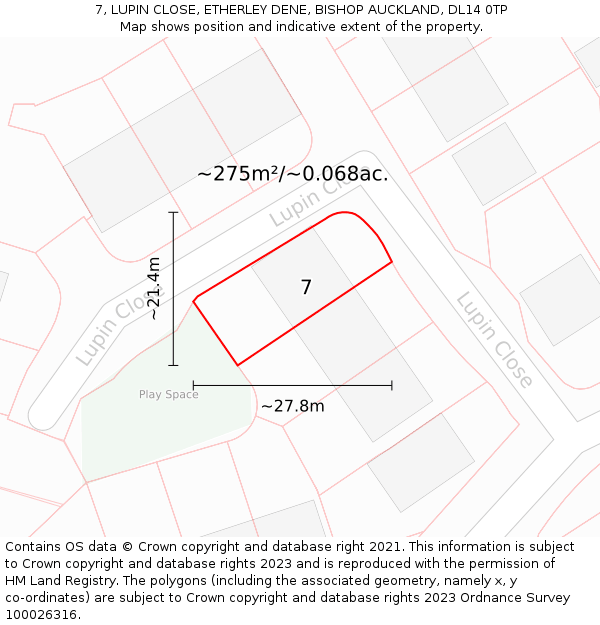 7, LUPIN CLOSE, ETHERLEY DENE, BISHOP AUCKLAND, DL14 0TP: Plot and title map