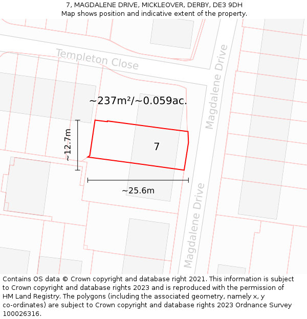 7, MAGDALENE DRIVE, MICKLEOVER, DERBY, DE3 9DH: Plot and title map