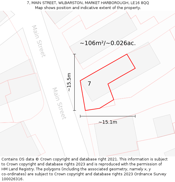 7, MAIN STREET, WILBARSTON, MARKET HARBOROUGH, LE16 8QQ: Plot and title map