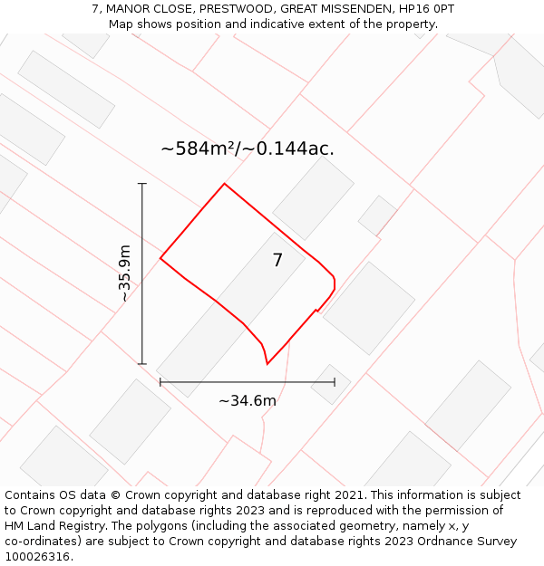 7, MANOR CLOSE, PRESTWOOD, GREAT MISSENDEN, HP16 0PT: Plot and title map