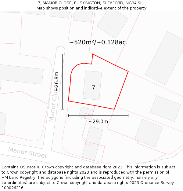 7, MANOR CLOSE, RUSKINGTON, SLEAFORD, NG34 9HL: Plot and title map