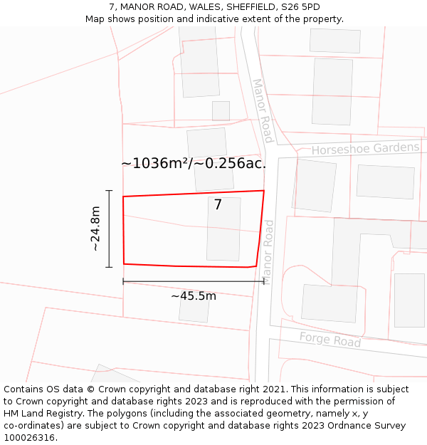 7, MANOR ROAD, WALES, SHEFFIELD, S26 5PD: Plot and title map