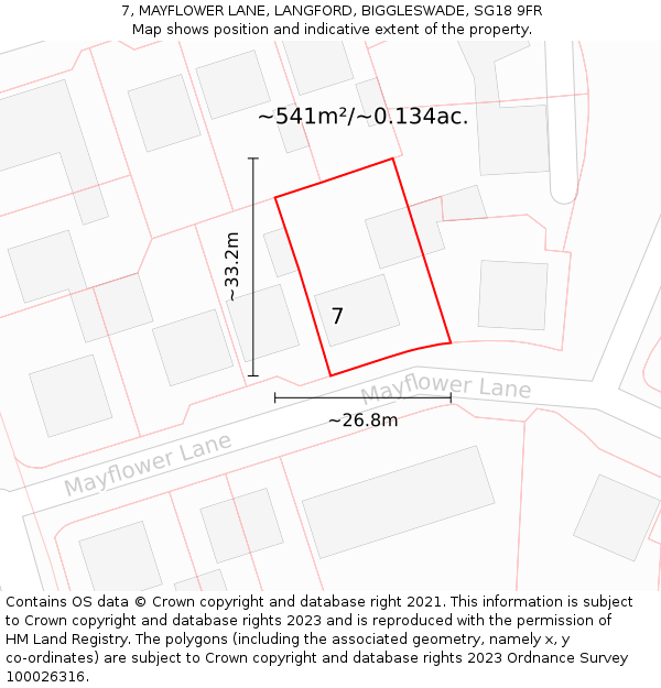 7, MAYFLOWER LANE, LANGFORD, BIGGLESWADE, SG18 9FR: Plot and title map