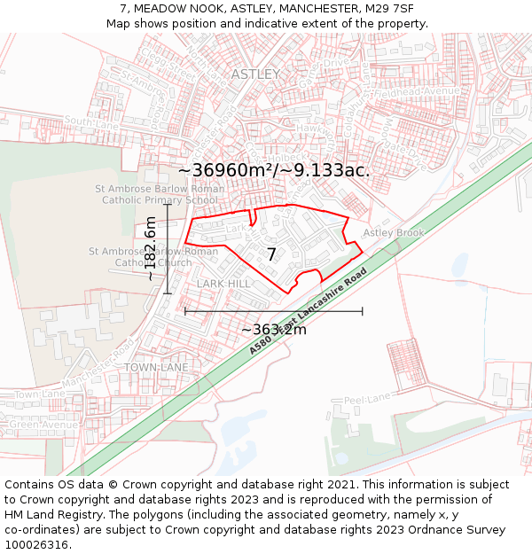 7, MEADOW NOOK, ASTLEY, MANCHESTER, M29 7SF: Plot and title map