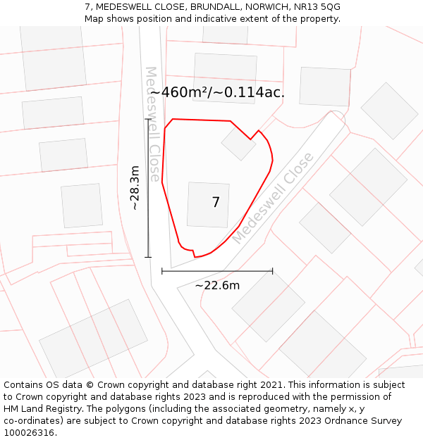 7, MEDESWELL CLOSE, BRUNDALL, NORWICH, NR13 5QG: Plot and title map