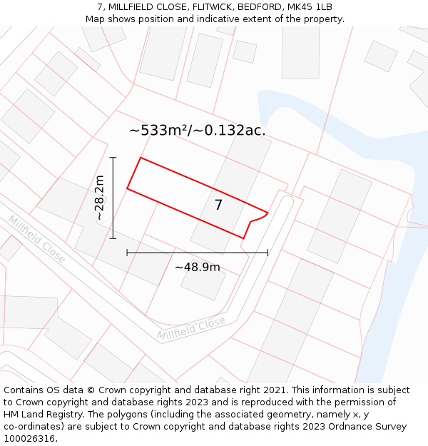 7, MILLFIELD CLOSE, FLITWICK, BEDFORD, MK45 1LB: Plot and title map