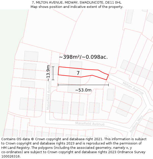 7, MILTON AVENUE, MIDWAY, SWADLINCOTE, DE11 0HL: Plot and title map