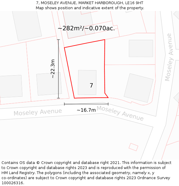 7, MOSELEY AVENUE, MARKET HARBOROUGH, LE16 9HT: Plot and title map