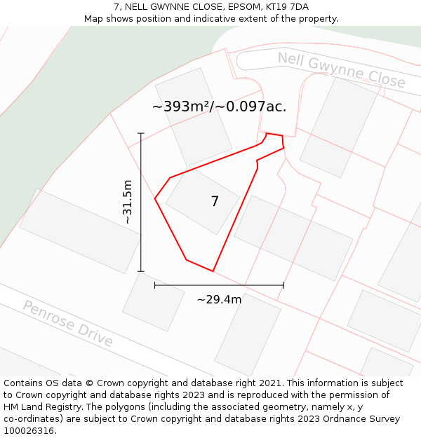 7, NELL GWYNNE CLOSE, EPSOM, KT19 7DA: Plot and title map