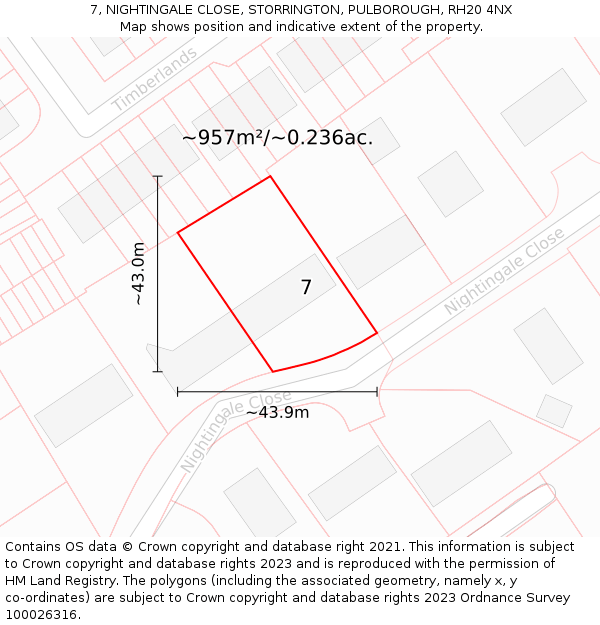 7, NIGHTINGALE CLOSE, STORRINGTON, PULBOROUGH, RH20 4NX: Plot and title map