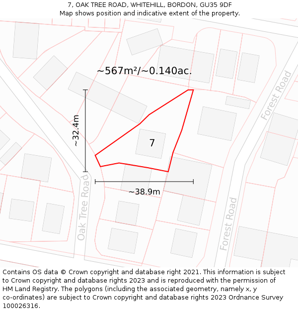 7, OAK TREE ROAD, WHITEHILL, BORDON, GU35 9DF: Plot and title map