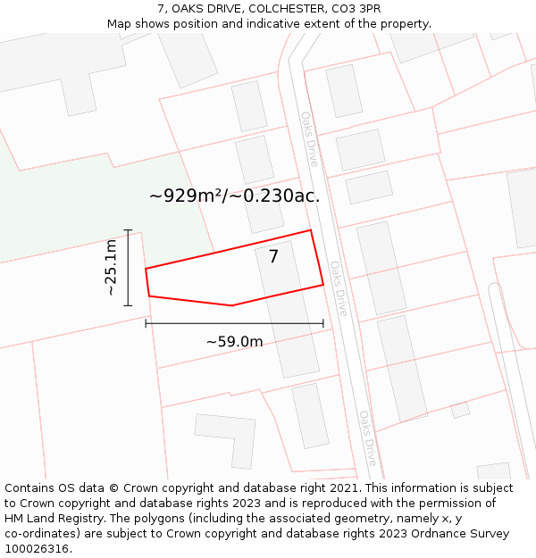 7, OAKS DRIVE, COLCHESTER, CO3 3PR: Plot and title map