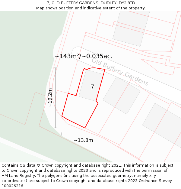 7, OLD BUFFERY GARDENS, DUDLEY, DY2 8TD: Plot and title map