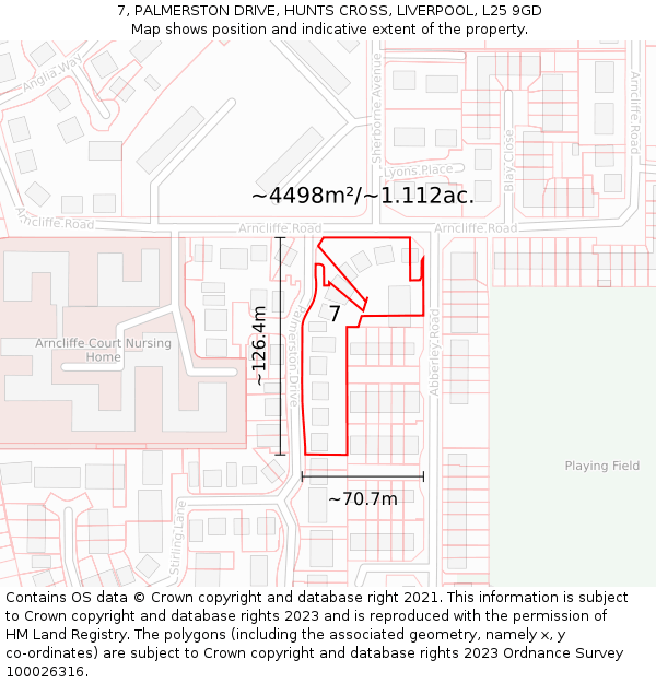 7, PALMERSTON DRIVE, HUNTS CROSS, LIVERPOOL, L25 9GD: Plot and title map