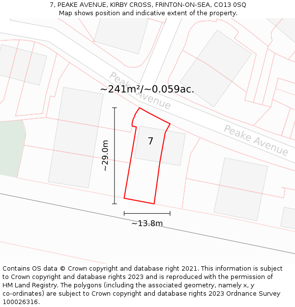 7, PEAKE AVENUE, KIRBY CROSS, FRINTON-ON-SEA, CO13 0SQ: Plot and title map