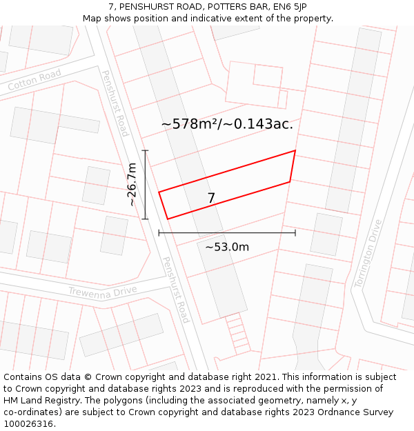 7, PENSHURST ROAD, POTTERS BAR, EN6 5JP: Plot and title map