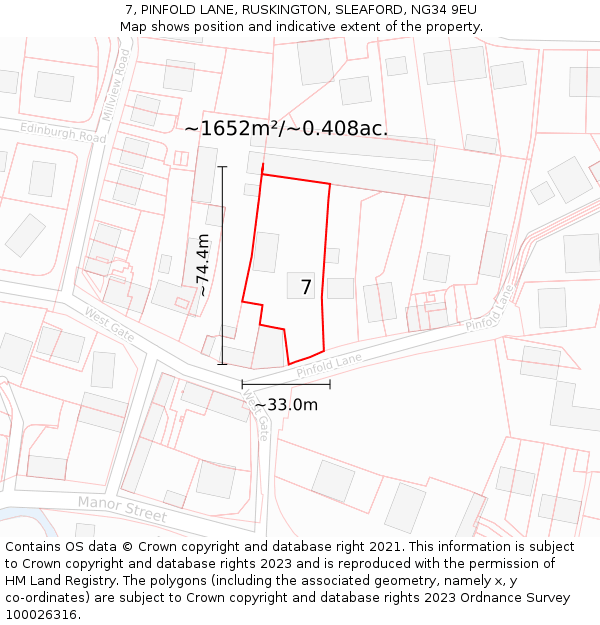 7, PINFOLD LANE, RUSKINGTON, SLEAFORD, NG34 9EU: Plot and title map