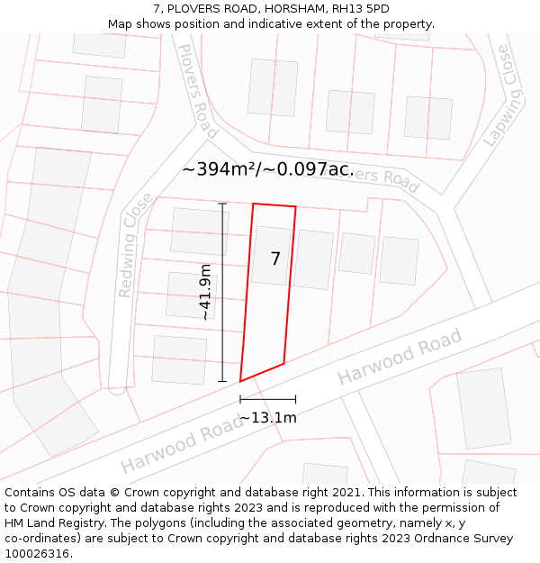 7, PLOVERS ROAD, HORSHAM, RH13 5PD: Plot and title map