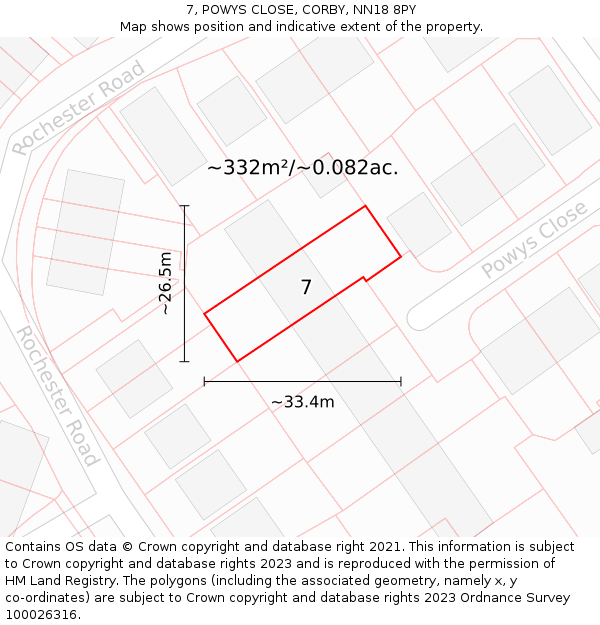 7, POWYS CLOSE, CORBY, NN18 8PY: Plot and title map