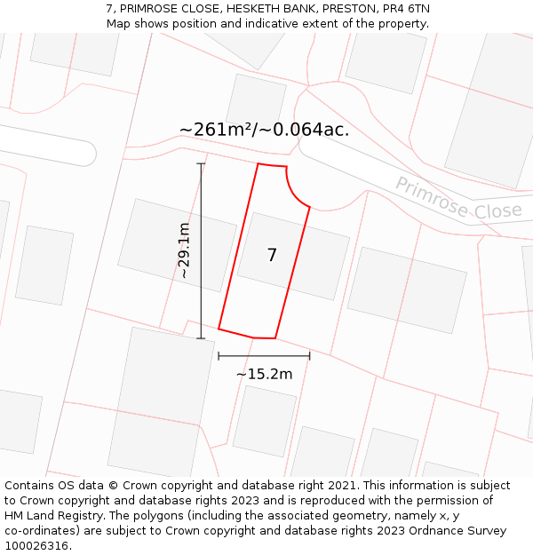 7, PRIMROSE CLOSE, HESKETH BANK, PRESTON, PR4 6TN: Plot and title map