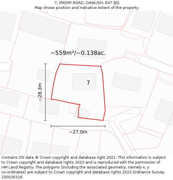 7, PRIORY ROAD, DAWLISH, EX7 9JG: Plot and title map