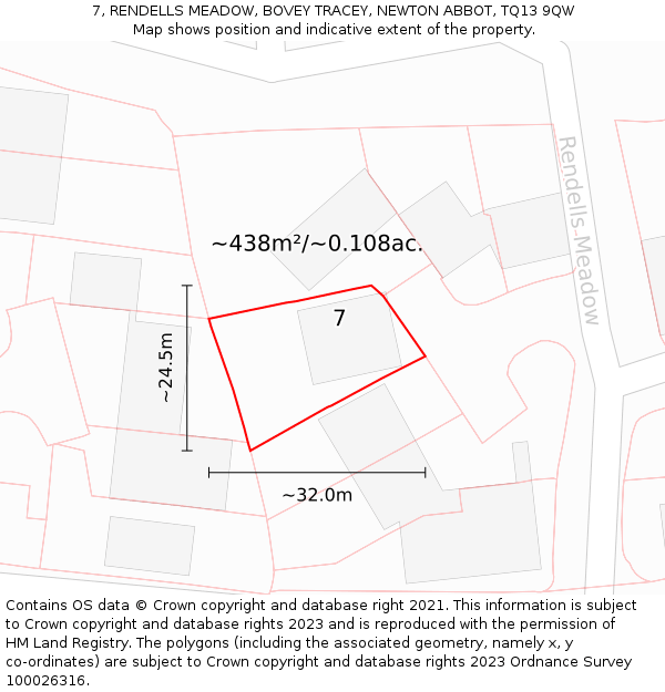 7, RENDELLS MEADOW, BOVEY TRACEY, NEWTON ABBOT, TQ13 9QW: Plot and title map