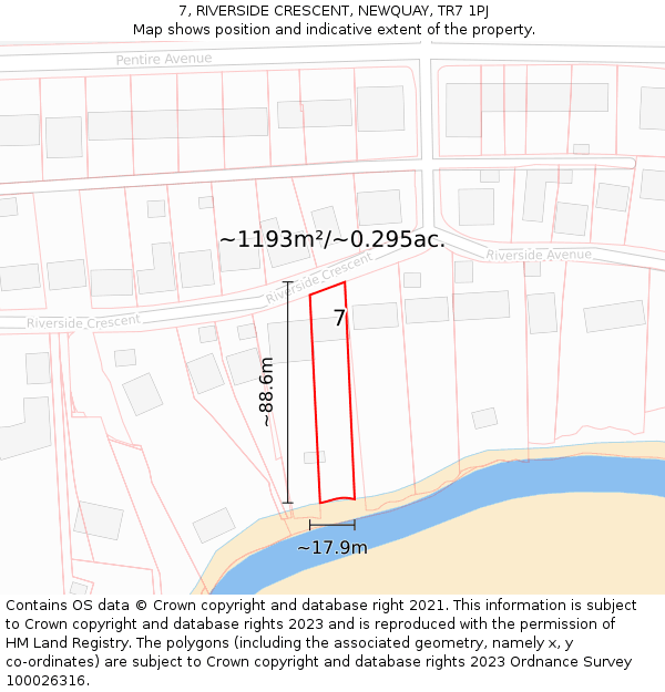 7, RIVERSIDE CRESCENT, NEWQUAY, TR7 1PJ: Plot and title map