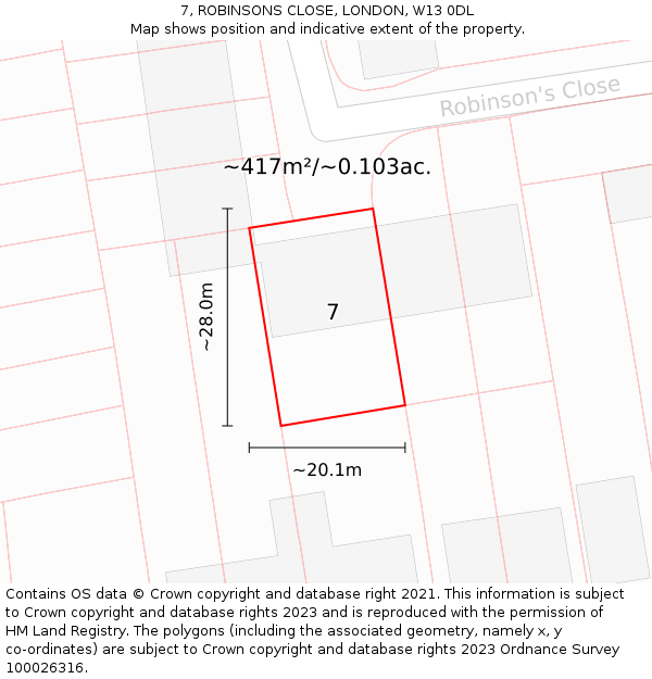 7, ROBINSONS CLOSE, LONDON, W13 0DL: Plot and title map