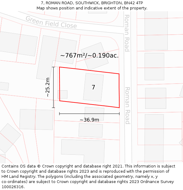 7, ROMAN ROAD, SOUTHWICK, BRIGHTON, BN42 4TP: Plot and title map