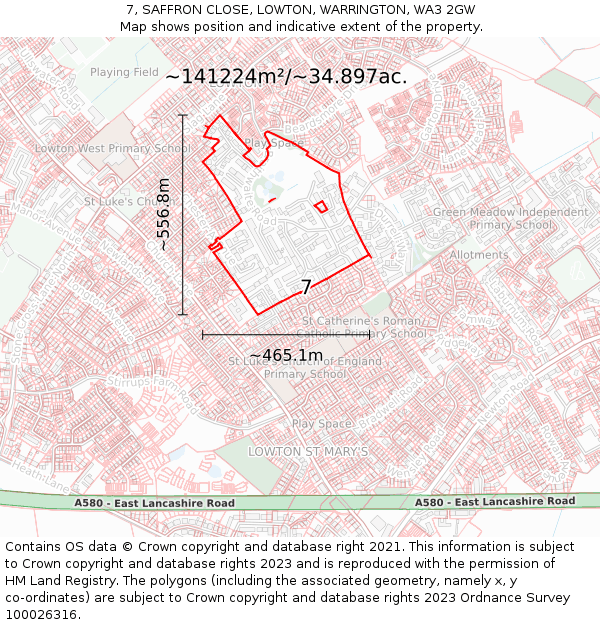 7, SAFFRON CLOSE, LOWTON, WARRINGTON, WA3 2GW: Plot and title map