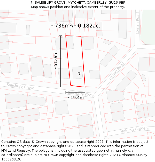 7, SALISBURY GROVE, MYTCHETT, CAMBERLEY, GU16 6BP: Plot and title map